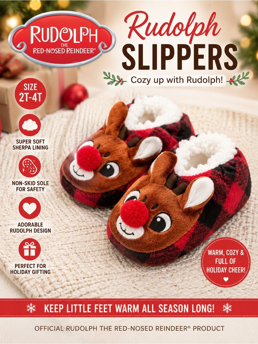 Rudolph Red-Nosed Reindeer Kids Slippers - Red Plaid